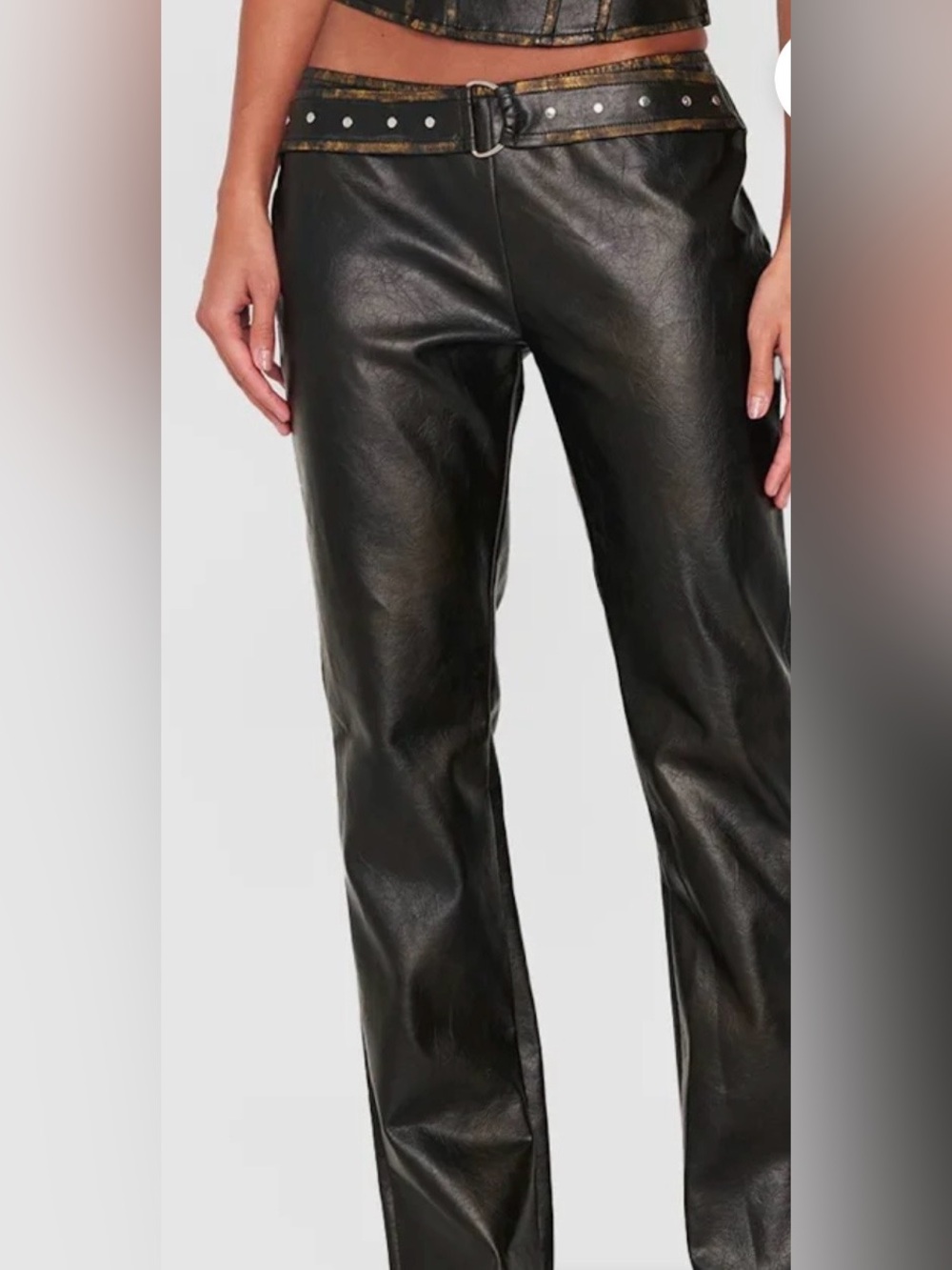Pretty Little Thing Brown Washed Faux Leather Belted Trousers NEW